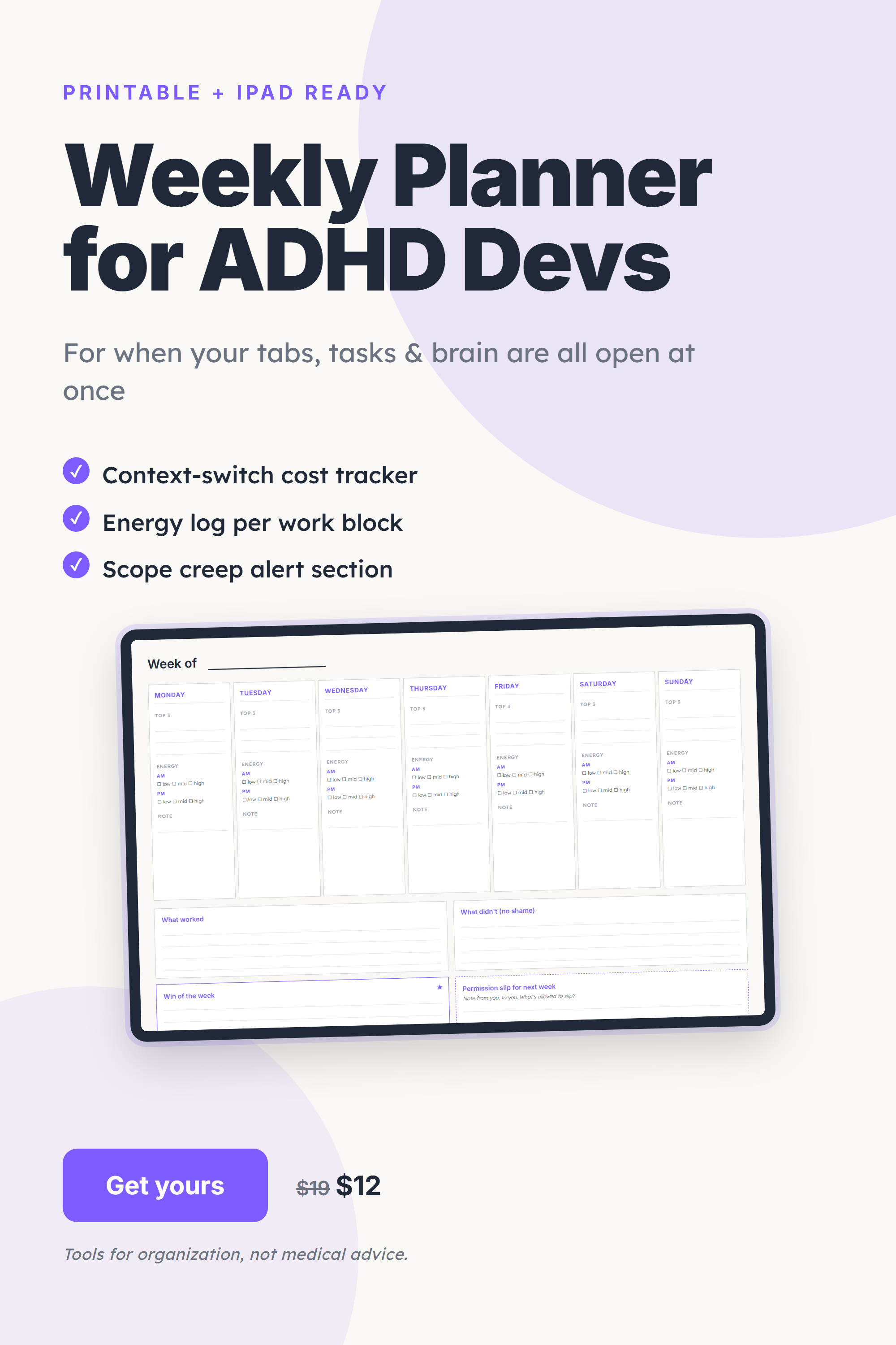 ADHD Freelance Developer Weekly Planner pin