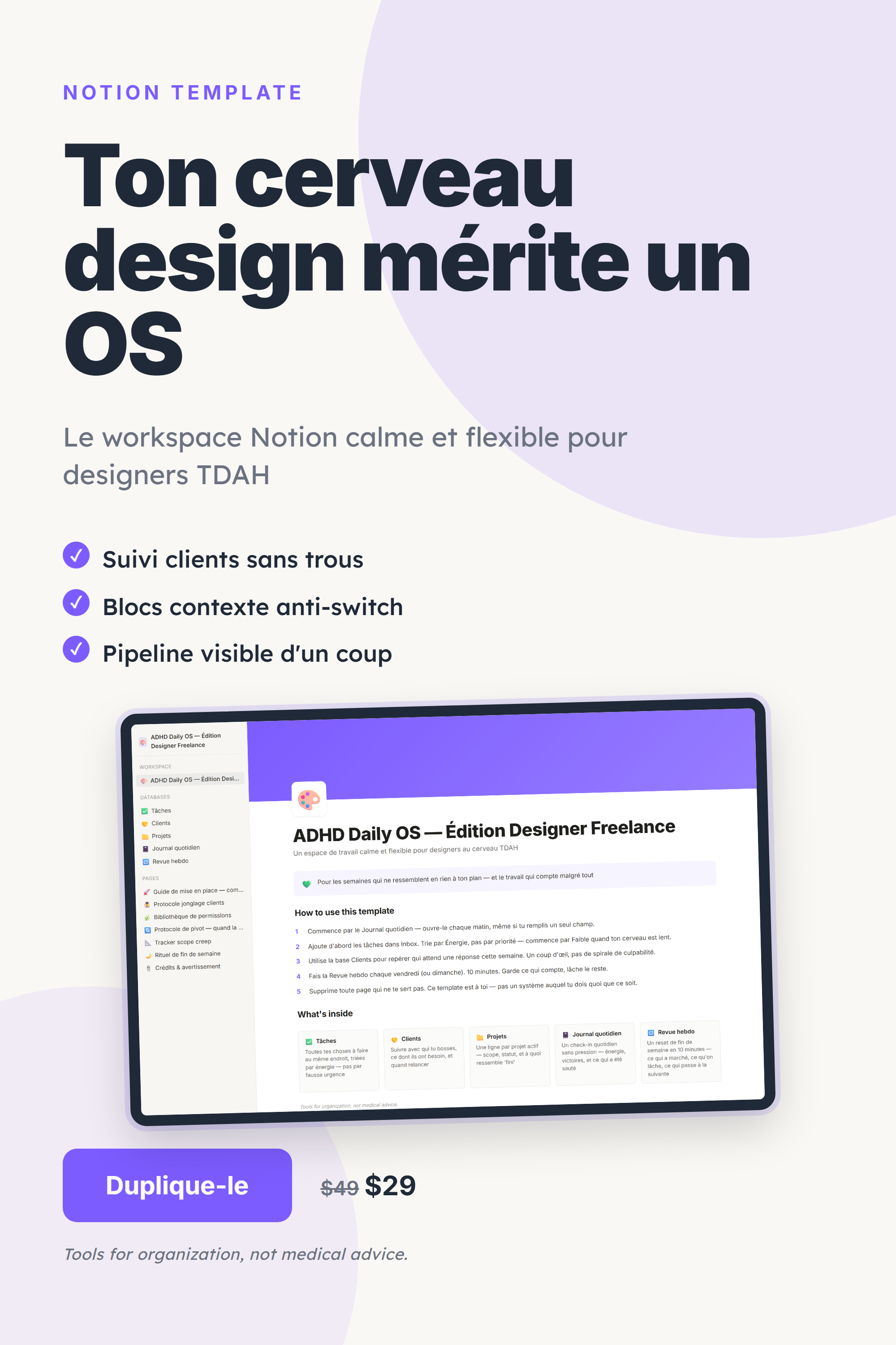 ADHD Daily OS Notion template Édition Designer Freelance pin