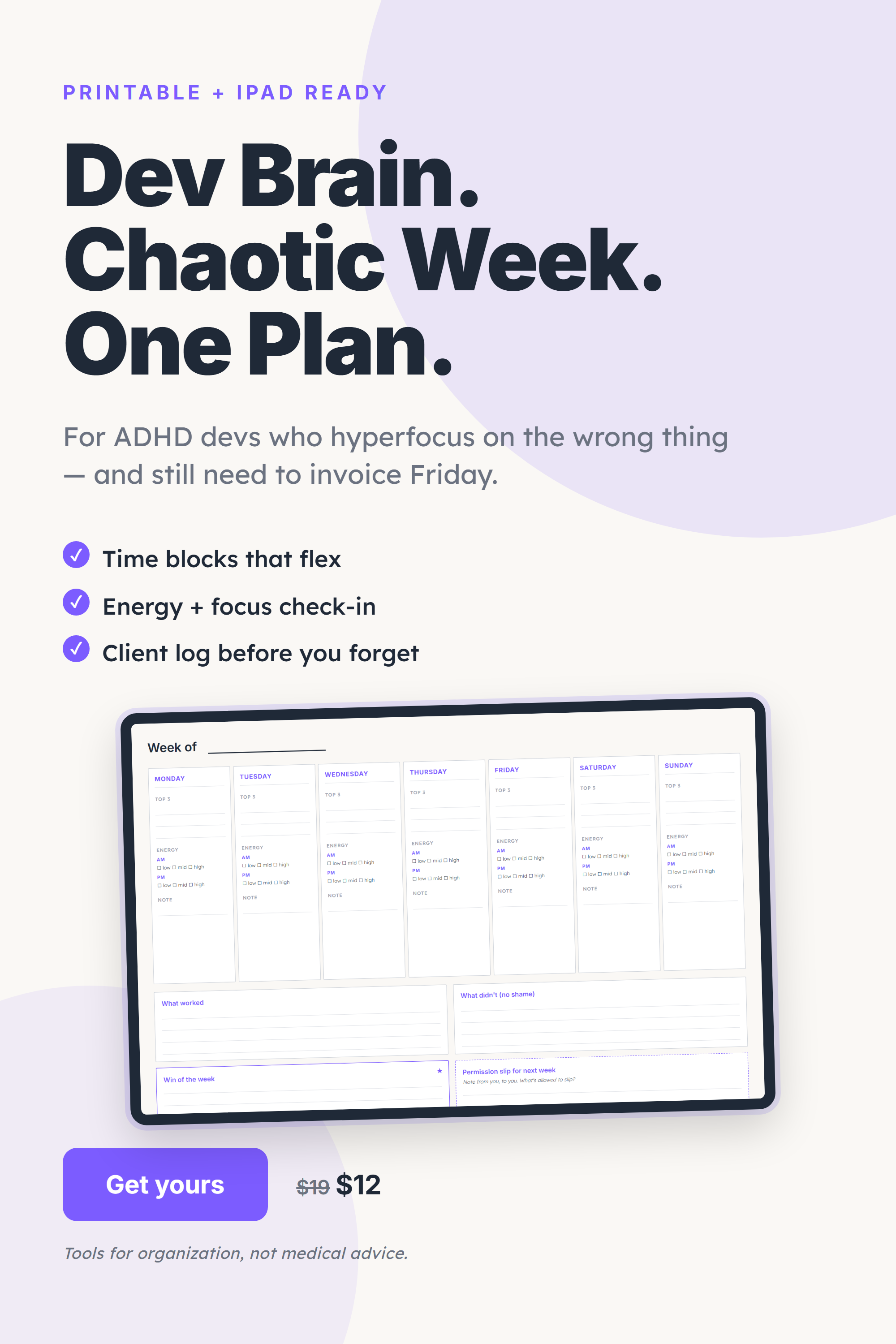 ADHD Freelance Developer Weekly Planner Letter pin